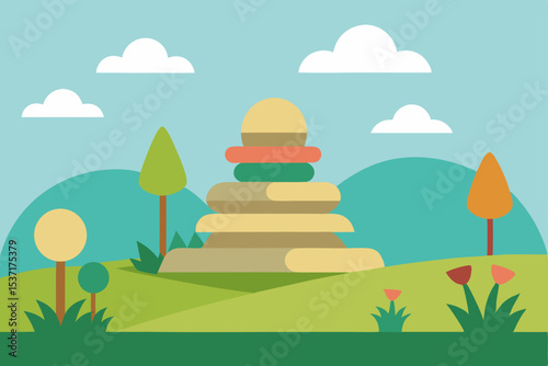Colorful cartoon landscape with trees, green grass, a blue sky, and white clouds, evoking a bright spring or summer day in the countryside