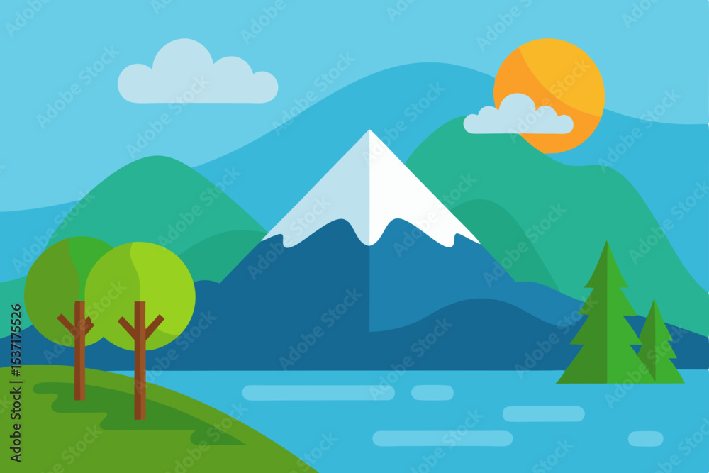 Green summer mountain landscape with trees, hills, and a blue sky with clouds Green summer mountain landscape with trees, hills, and a blue sky with clouds