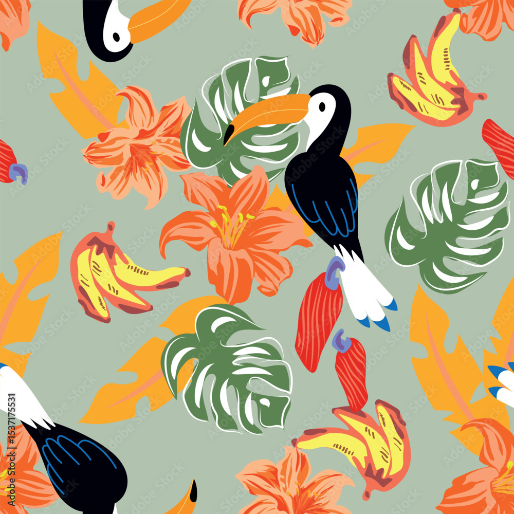 fun summer tropical print with toucans and foliage
