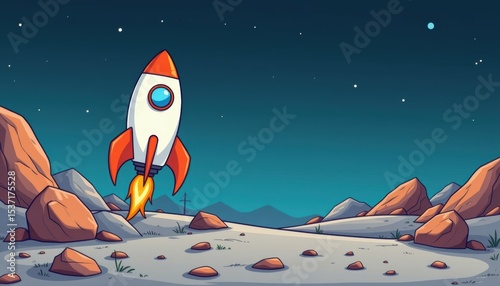 Cartoon Rocket Launching into Starry Night Sky Desert Landscape Digital Illustration Playful Concept