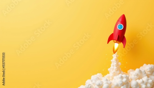 Rocket Launching Against Vibrant Yellow Background Creative Concept Studio Settings Eye-Level View
