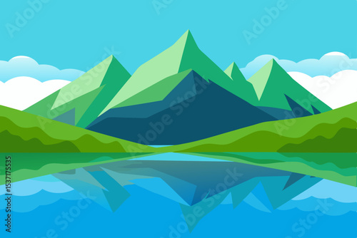 Mountain landscape vector illustration with snow-capped peaks, clouds, and a serene valley