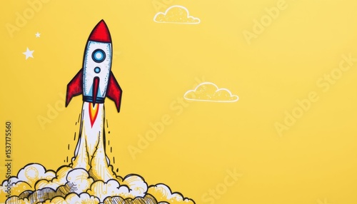 Rocket Launch Illustration Creative Space Concept Digital Art Yellow Background Hand-Drawn Style