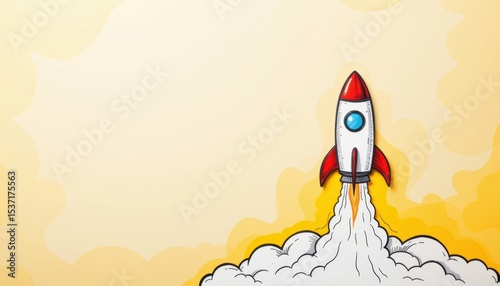 Creative Hand-Drawn Rocket Launch Illustration Digital Art Vibrant Colors Whimsical Style