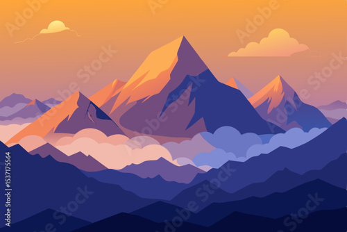 Sunrise illuminates a majestic mountain landscape, a serene view of nature's peaks veiled in morning mist and clouds