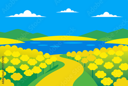 Summer landscape of a yellow flower field with mountains and a blue sky