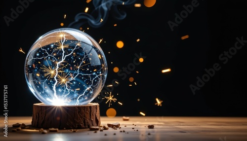Mystical Crystal Ball Sparks Energy in Dark Environment Fantasy Concept Artistic Still Life View