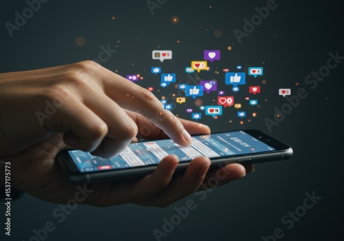 Hand holding smartphone with social media notifications