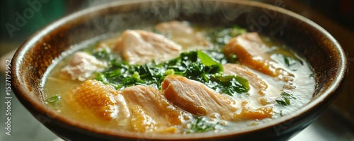 steaming hot bowl of homemade chicken soup with tender meat and leafy greens in comforting broth