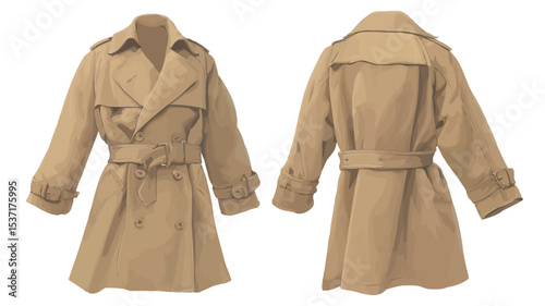 A studio shot showcasing a beige trench coat. The image shows both the front and back views of the coat, displayed against a plain white background. The coat is double-breasted with a classic
