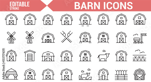 Editable Icons for Barns, Farmhouses, and Agricultural Buildings