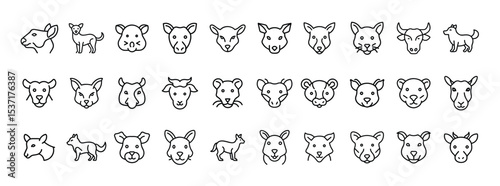 Set of Farm Animal Faces and Livestock Icons Collection – Cows, Goats, Pigs, Dogs, and Sheep Symbols