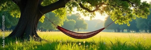 A hammock sways gently in the breeze, under the shade of a sprawling oak tree, surrounded by tall grass Perfect lazy summer afternoon scene A feeling of peace and quietude , meadow, tranquil, lazy