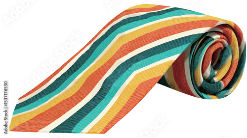 A close-up shot of a men's necktie rolled loosely. The tie features a pattern of diagonal stripes in shades of orange, yellow, teal, and white. The fabric appears smooth with a subtle sheen. 