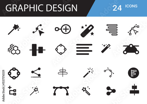 Graphic Design Icons: A set of 24 meticulously crafted graphic design icons, ideal for visual communication and digital art projects, clearly conveying essential tools and features.