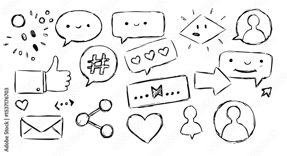 Fototapeta premium Hand-drawn social media icons featuring likes, shares, comments, and user profiles ideal for marketing and web design projects.