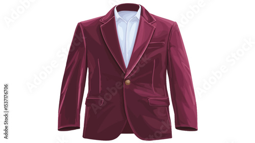 A close-up studio shot of a men's maroon velvet blazer. The blazer is a single-breasted design with a notched lapel, a single button closure, and welted pockets.  The fabric appears to be a rich,