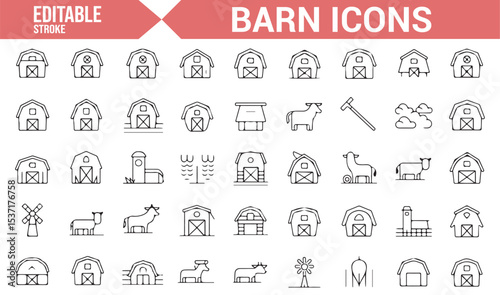 Vector Icons Representing Barns, Farms, and Windmills for Agricultural Projects
