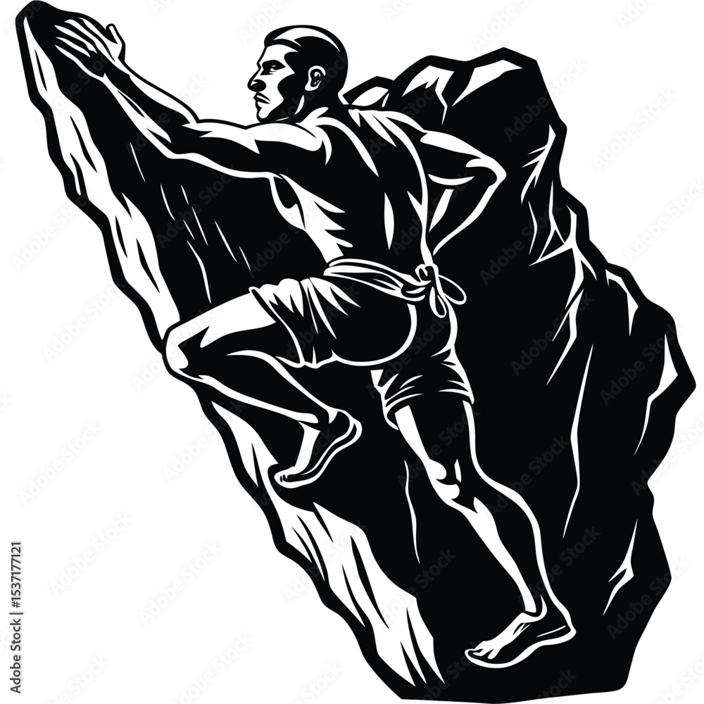 Fototapeta premium Climber Ascending Sheer Rock Face Black and White Illustration