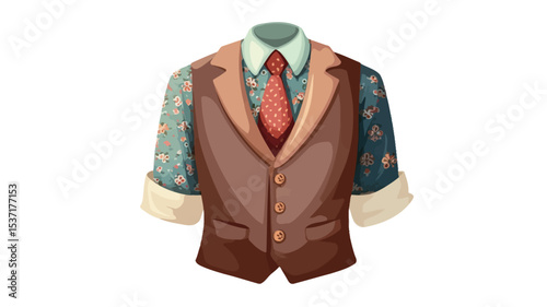 A digital illustration depicting a men's brown vest, partially visible floral patterned shirt with white cuffs, and a red tie. The style is rendered in a vector or similar format