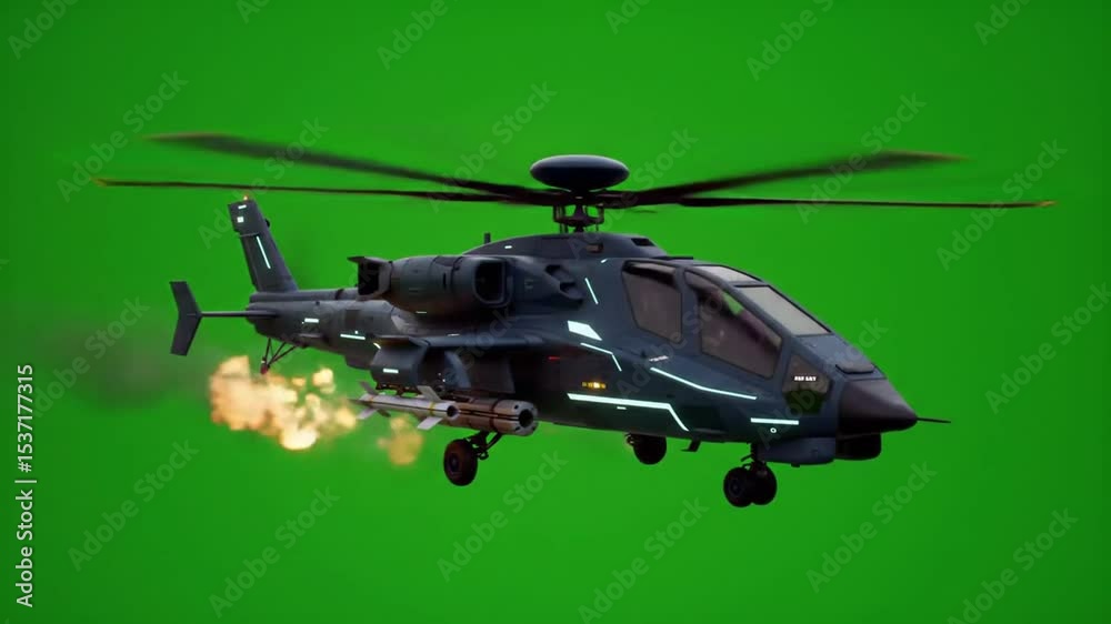 3D military war helicopter with green screen background