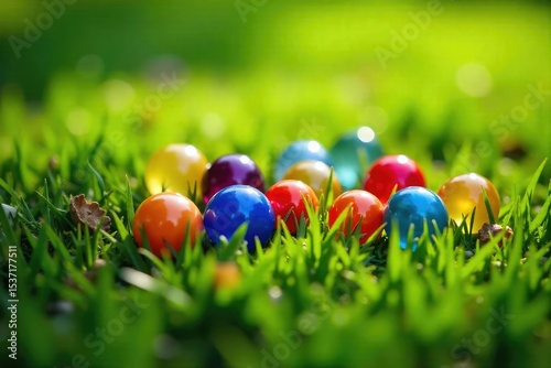 A handful of colorful marbles scattered on a lush green lawn, sunlight dappling the surface Perfect for games, childhood memories, or spring themes , shadow, green, vibrant colors