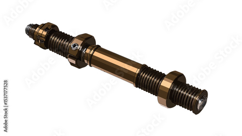 Close-up shot of a gold-colored precision-machined linear actuator component. The image shows a threaded rod with visible bearings or bushings at either end. The metal appears smooth and polished