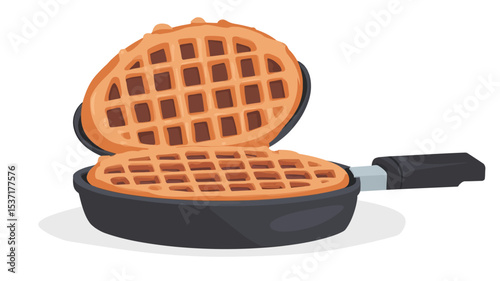 A digital illustration of an open oval-shaped waffle iron.  The waffle iron is predominantly black with an orange-brown interior.  Two golden-brown waffles, exhibiting a distinct grid pattern