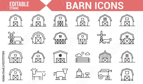 Editable Set of Barn, Farm, and Agricultural Icons for Rural Designs