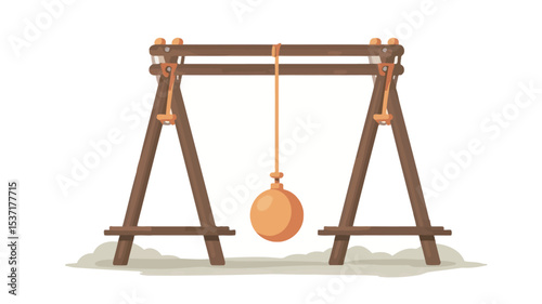 A digital illustration depicting a simple wooden A-frame structure with a spherical orange-colored ball suspended from a rope or string. The style is cartoonish or simplistic, with flat coloring