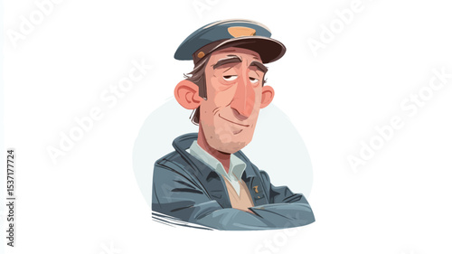 A digital illustration depicting a close-up portrait of a cartoon postman. The style is vector-based, with a slightly stylized, almost painterly rendering. The postman is a middle-aged man with a