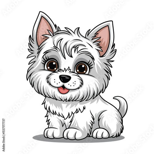 A cute, fluffy white puppy with large, round brown eyes and perky ears, resembling a West Highland White Terrier.