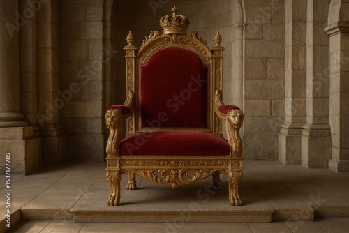 Regal throne in stone chamber.