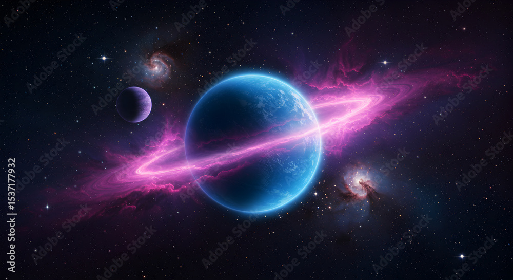 Fototapeta premium Celestial Symphony: A Cosmic Tableau Featuring a Ringed Planet and Stellar Nebulae