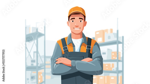 A digital illustration depicting a smiling man with arms crossed. He is wearing grey overalls and a yellow cap. The background is blurred, showing a warehouse setting with shelves and boxes