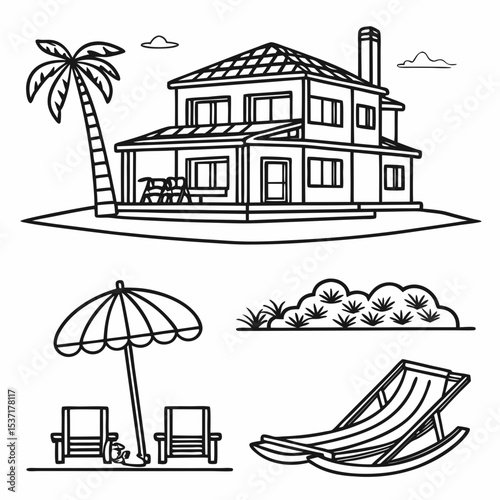  Beachfront Villa Icons. Outline icon set of beachfront villas: lounge chair, infinity pool, beach umbrella, sunbed, hammock, villa 