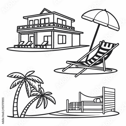 Beachfront Villa Icons. Outline icon set of beachfront villas: lounge chair, infinity pool, beach umbrella, sunbed, hammock, villa 