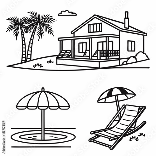  Beachfront Villa Icons. Outline icon set of beachfront villas: lounge chair, infinity pool, beach umbrella, sunbed, hammock, villa 