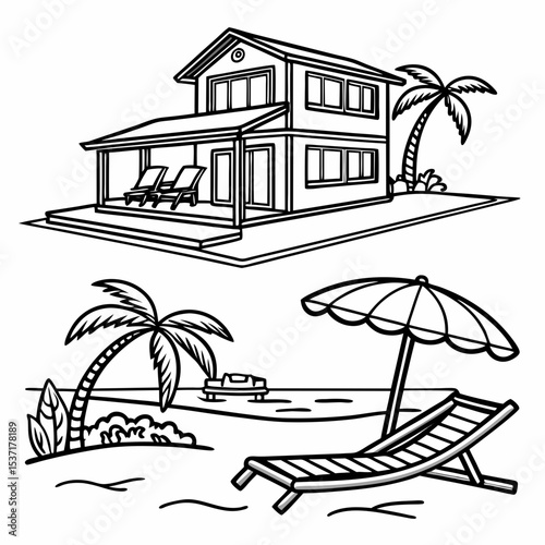  Beachfront Villa Icons. Outline icon set of beachfront villas: lounge chair, infinity pool, beach umbrella, sunbed, hammock, villa 