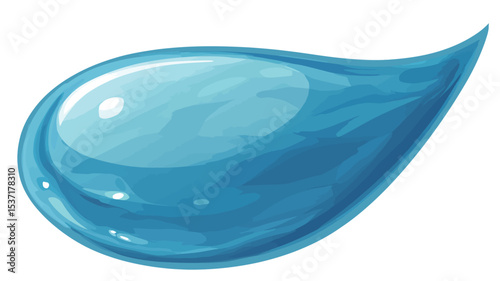 A digital illustration of a single, teardrop-shaped water droplet. The droplet is predominantly light blue, with highlights suggesting translucence and a glossy surface. The edges are slightly