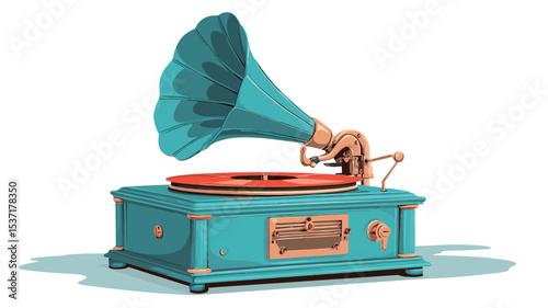 A digital illustration of a vintage gramophone. The gramophone is teal or turquoise with orange and copper accents. The horn is large and curves outward. The turntable is orange. 