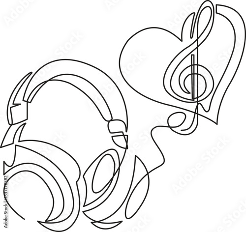 Love Music and headphones with heart or vector icon for musical apps and websites background vector illustration. Editable stroke