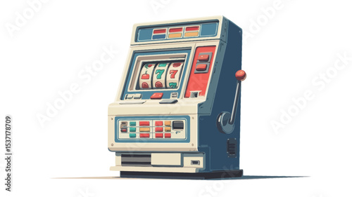 A digital illustration of a retro-style slot machine. The machine is depicted in a three-quarter view, showing its side and front.  It features a cream and dark blue color scheme, with red accents.