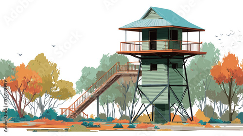 A digital painting or illustration depicts a fire tower situated within a woodland setting. The tower is multi-level with a metal base and upper wooden structure, featuring a balcony.  Stairs