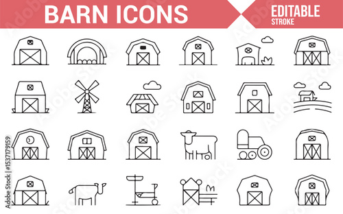 Vector Icons Representing Barns, Livestock, and Agricultural Buildings