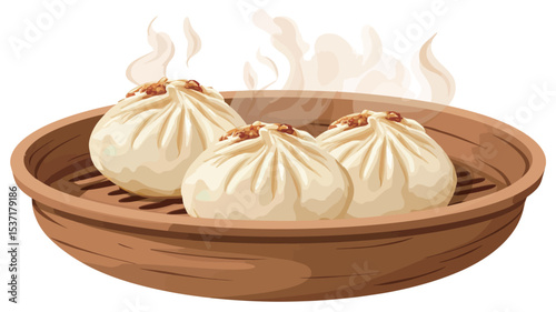 Close-up studio shot of three freshly steamed bao buns in a round brown bamboo steamer. The buns are light beige, soft-looking, and slightly puffed. Steam is visibly rising from the buns.
