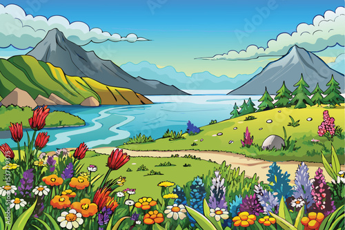 mountain landscape with lake and mountains