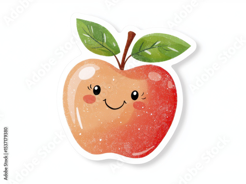 Cute apple sticker with smiling face, vibrant colors, and green leaves, perfect for adding cheerful touch to any surface