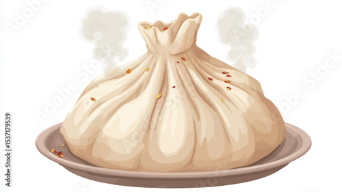 A digital illustration of a single khinkali dumpling, steaming, presented on a round brown plate against a white background. The khinkali is off-white with subtle shading to suggest texture and