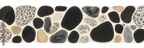 Elegant mosaic tile design featuring natural stone pebbles in black, white, and tan colors